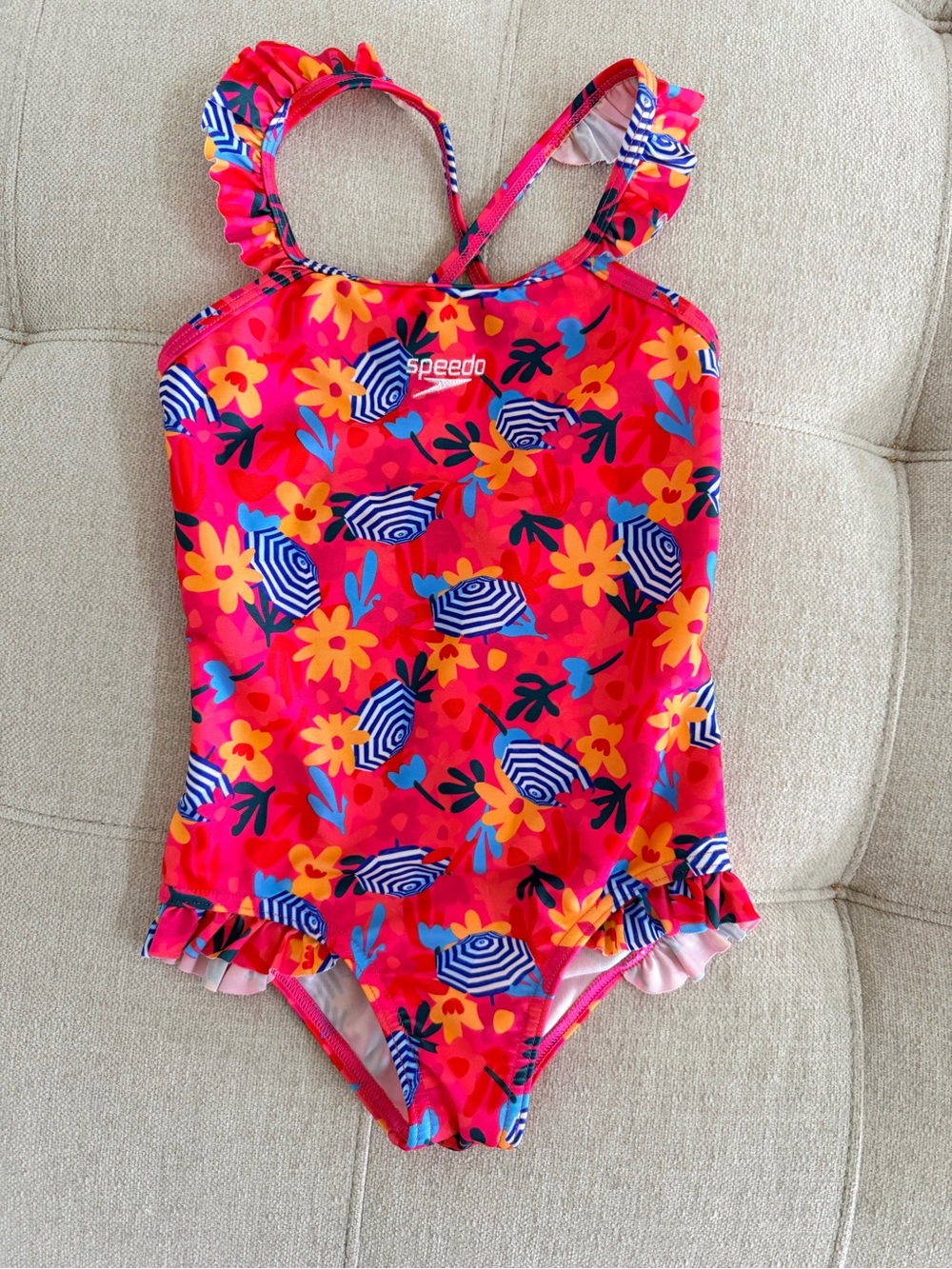 Speedo Girls Bright Pink Floral & Blue Swim One-Piece